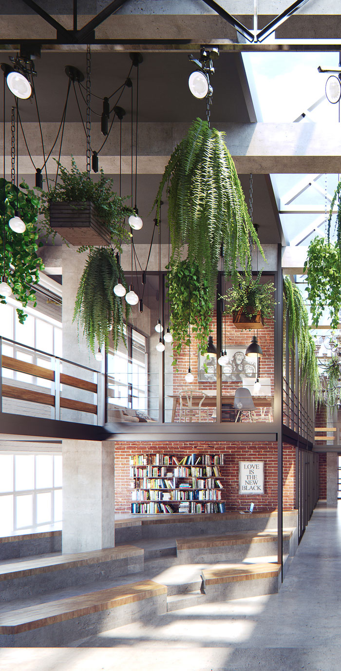 loft風格眾創空間辦公室閱讀區裝修設計效果圖